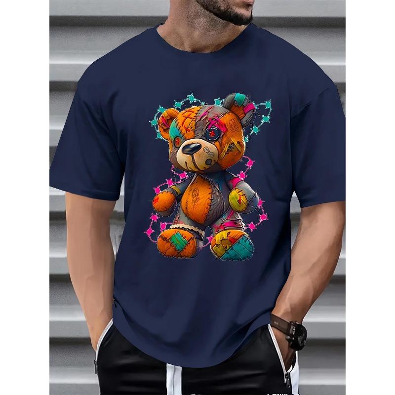 Herren Sommer 100 Baumwolle Modisch Lässig Sportlich Locker Groß Cartoon Teddybär Muster Bedruckt Rundhals Kurzarm T-Shirt