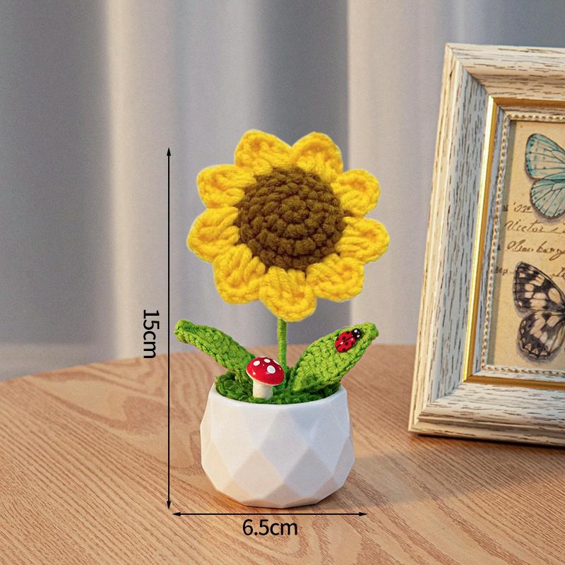 Sunflowers Crochet Flower Pots Artificial Hand Woven Flowers Finished Girasol Crochet Plant Wedding Guest Gifts Desktop Ornament