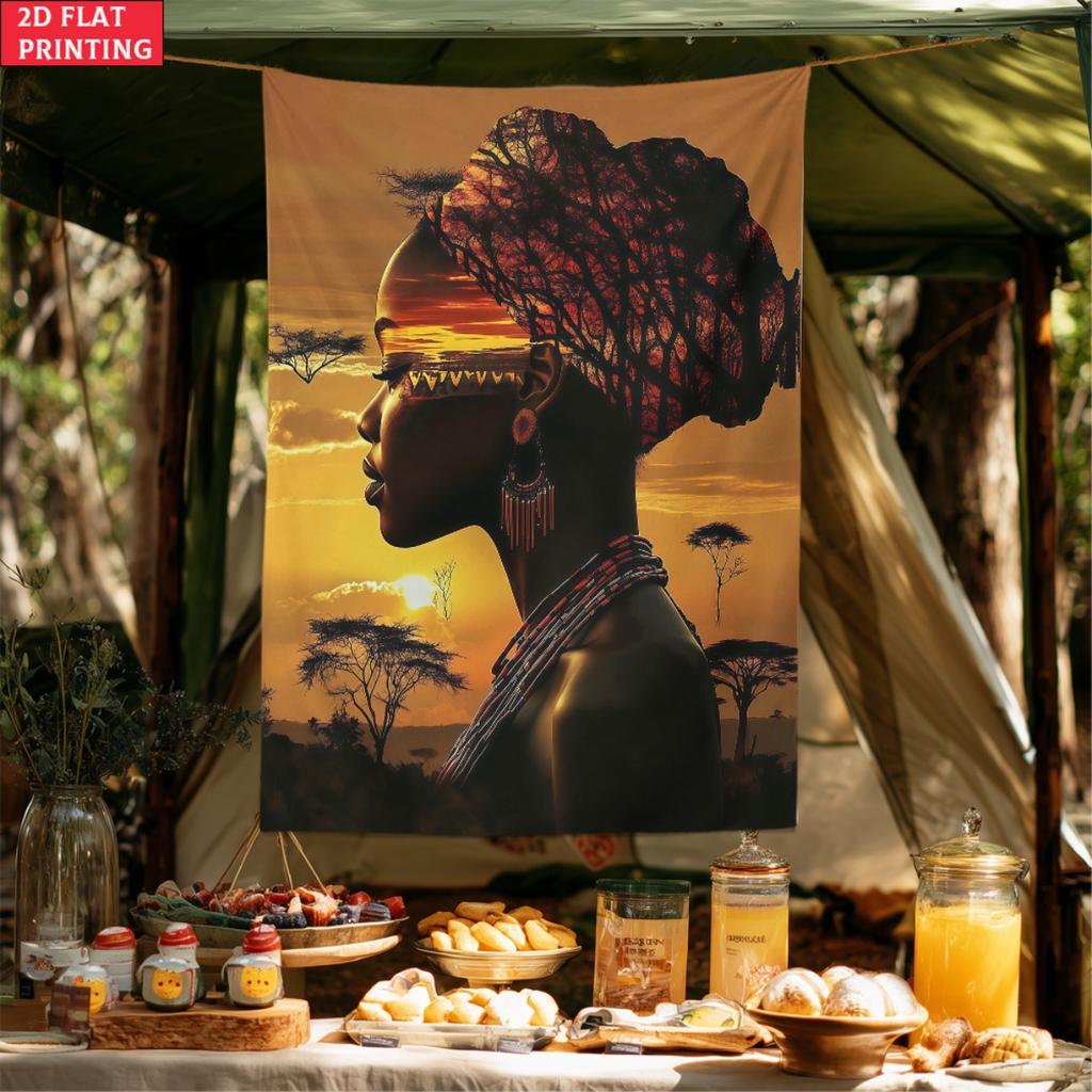 African Woman Sunset Silhouette Art Wall Tapestry Ethnic Tribal Decor Bohemian Bedroom Living Room Cultural Art Print