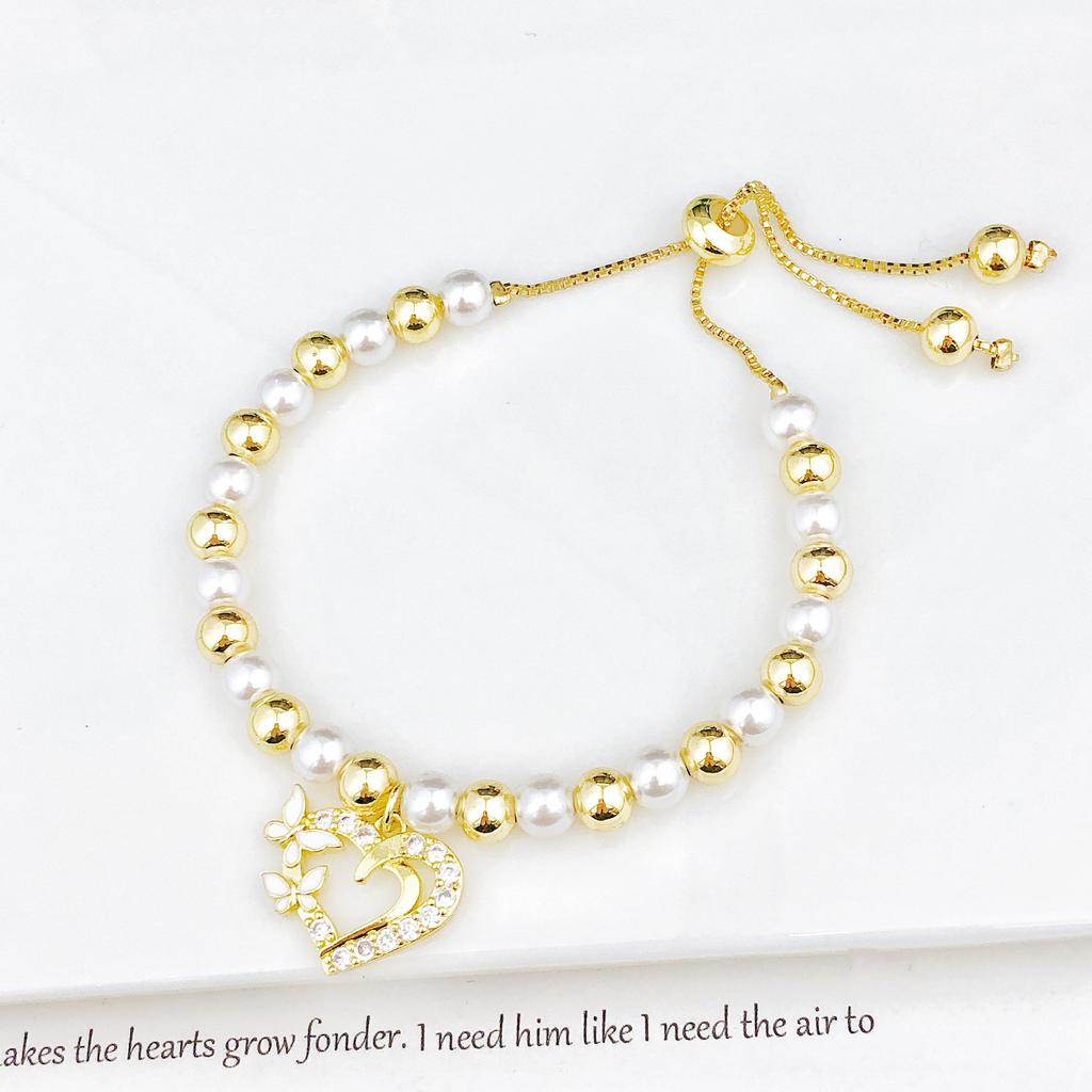 Classic Pearl Chain Heart-Shaped Bowknot Zirconia Pendant Bracelet High-Quality Women Girls Daily Party Jewelry Birthday Gift