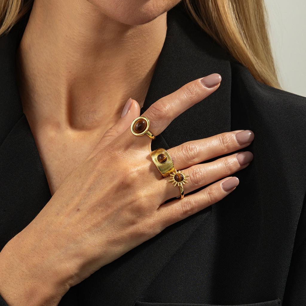 Vintage Slightly Set Gemstone Tiger'S Eye Ring, Fashionable Metal Lava Open Ring Set.