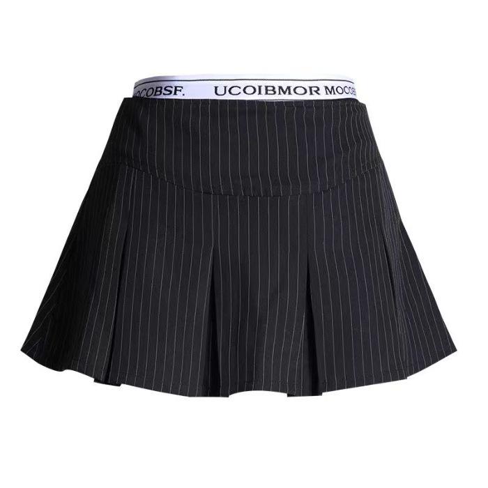 2025 Summer Preppy Black Pleated Mini Skirt with Elastic Waist, Two-Piece Look for Petite Figures