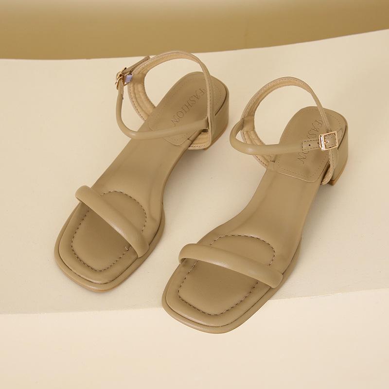 

Beautiful high heels for women 2025 summer new high-end black medium heel one-word buckle with open-toed thick heel sandals for women 40 абрикосовий