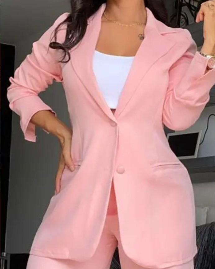 Women's Solid Color Split Sleeve Lapel Suit Straight Pants Suit