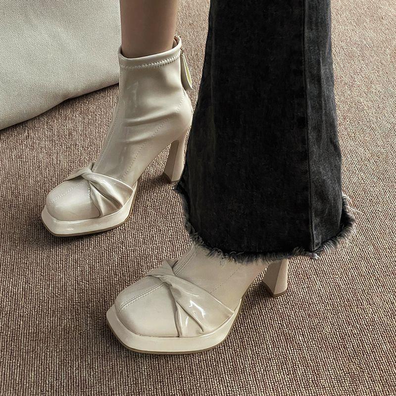 Pure desire bow high-heeled boots women's autumn new square head elegant temperament fashion short boots waterproof table