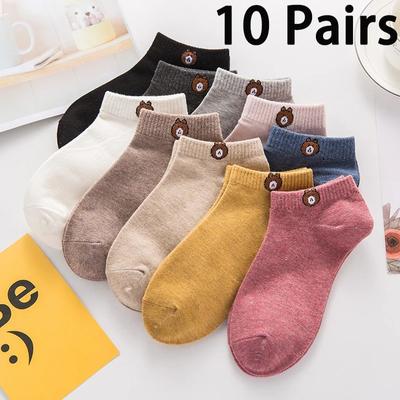 10 perechi de șosete cu tub joase pentru femei, cu model de urs drăguț, la modă, respirabile pentru femei, în stil casual, șosete confortabile