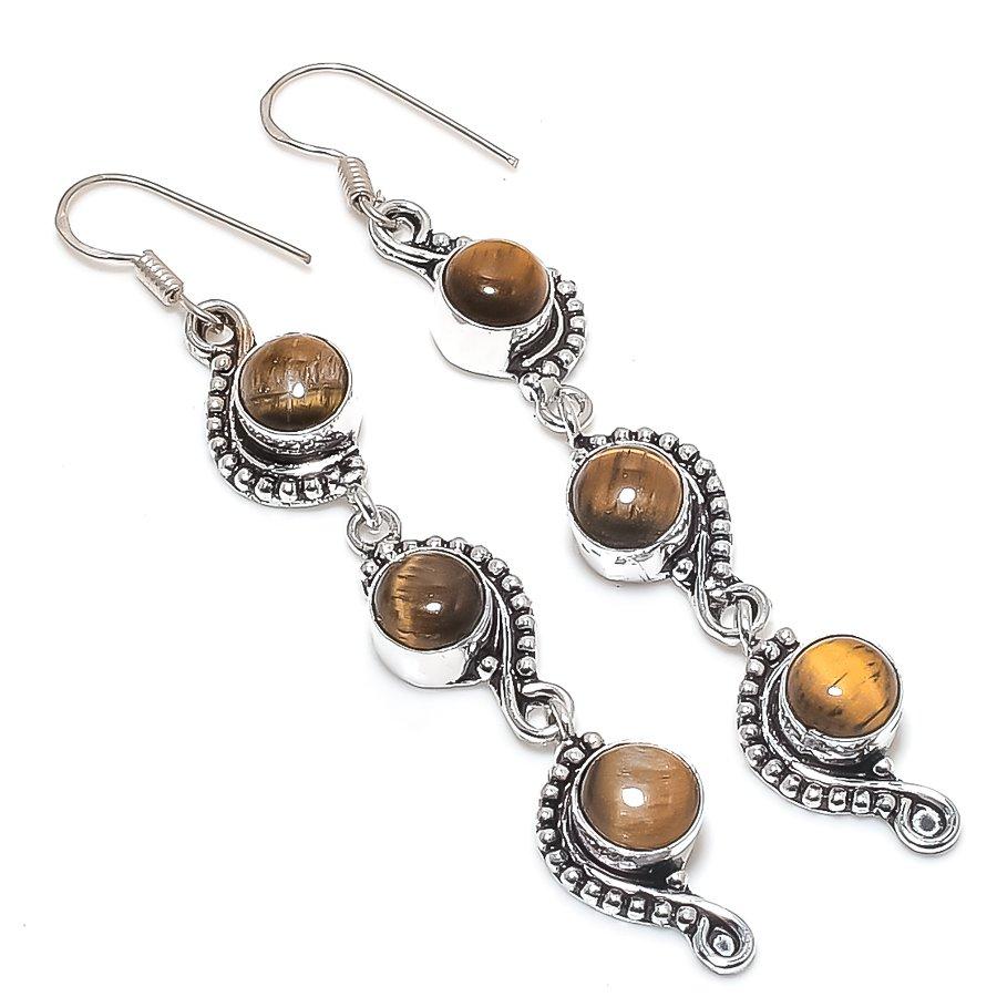 Natural Tiger Eye Gemstone 925 Sterling Silver Jewelry Earring 3.27" r4h06
