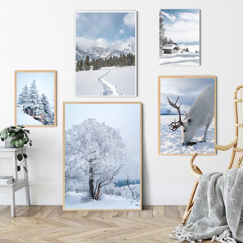 Winter Lake Mountain Canvas Painting Snow Tree Deer Wall Art Picture Print Natural Landscape Nordic Poster Room Home Decor Gifts