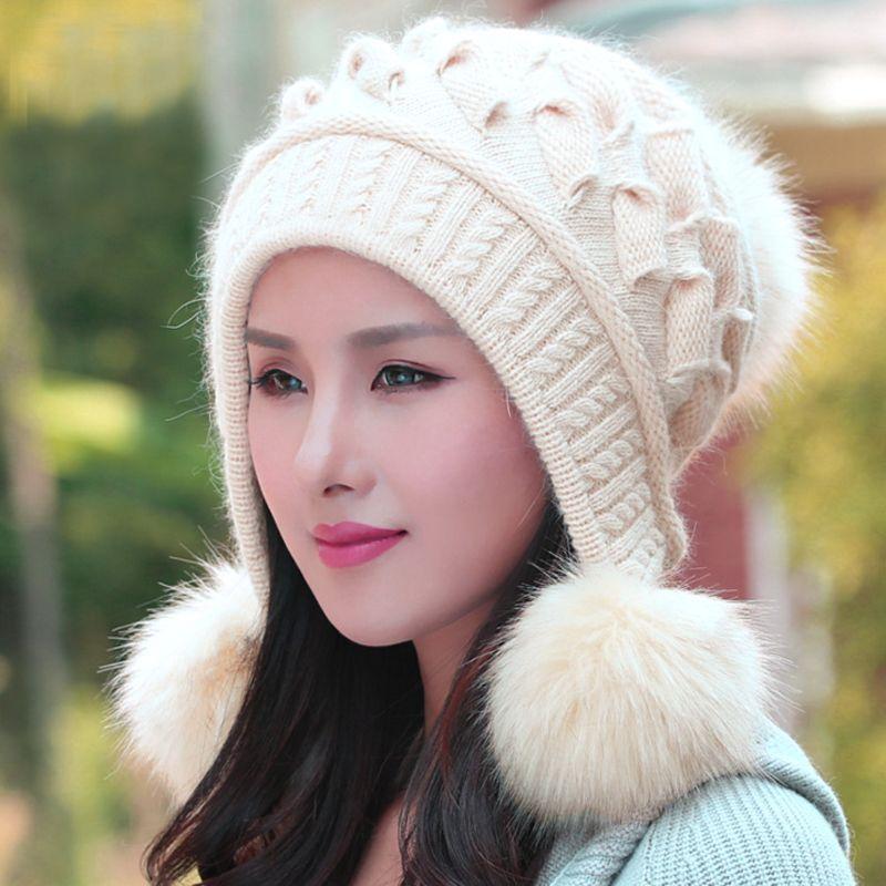 Women Girls Hat Autumn Winter New Padded Rabbit Hair Cap Solid Color Double Thickened Cute Ear Protection Wave Knitting Pattern Warm Hat