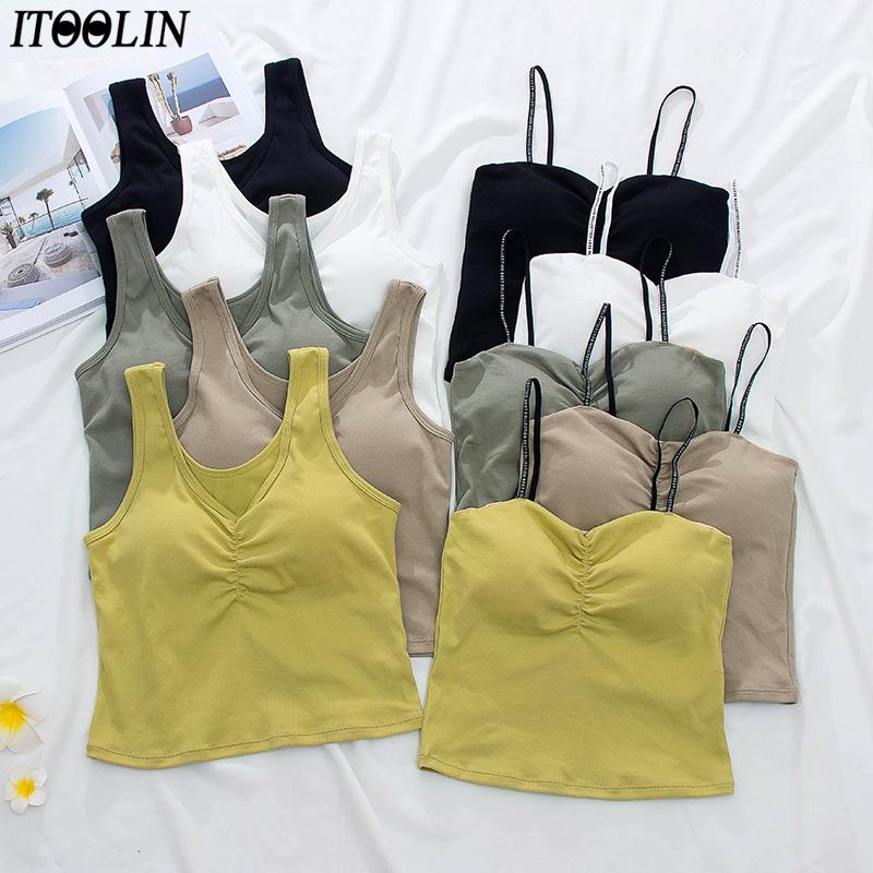 

ITOOLIN женские элегантные майки с подушечками для бюстгальтера спагетти тонкие вязаные топы хлопковые майки с открытыми плечами камзол для женщин