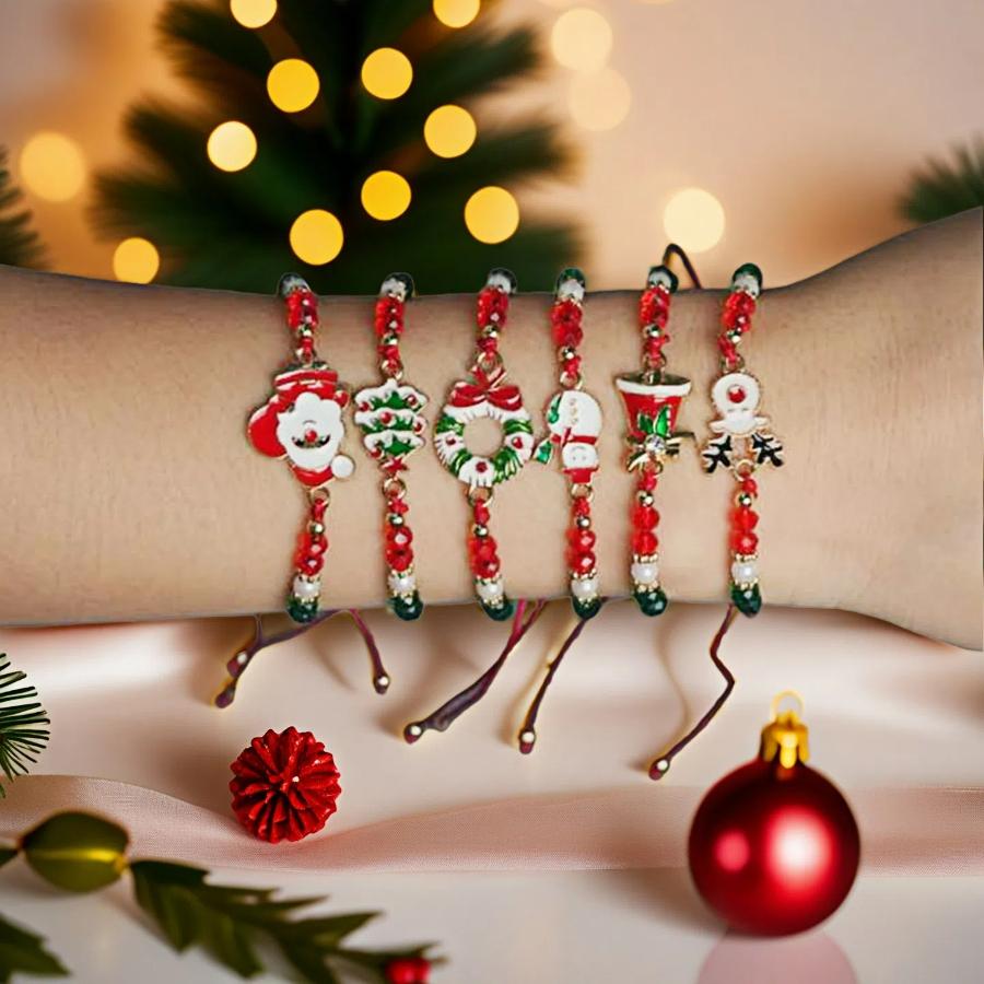 New 12Pcs/Dozen Christmas Women Bracelet Deer Snowman Tree Hat Handmade Braided Friendship Braslet Perfect Gift For Girlfriend