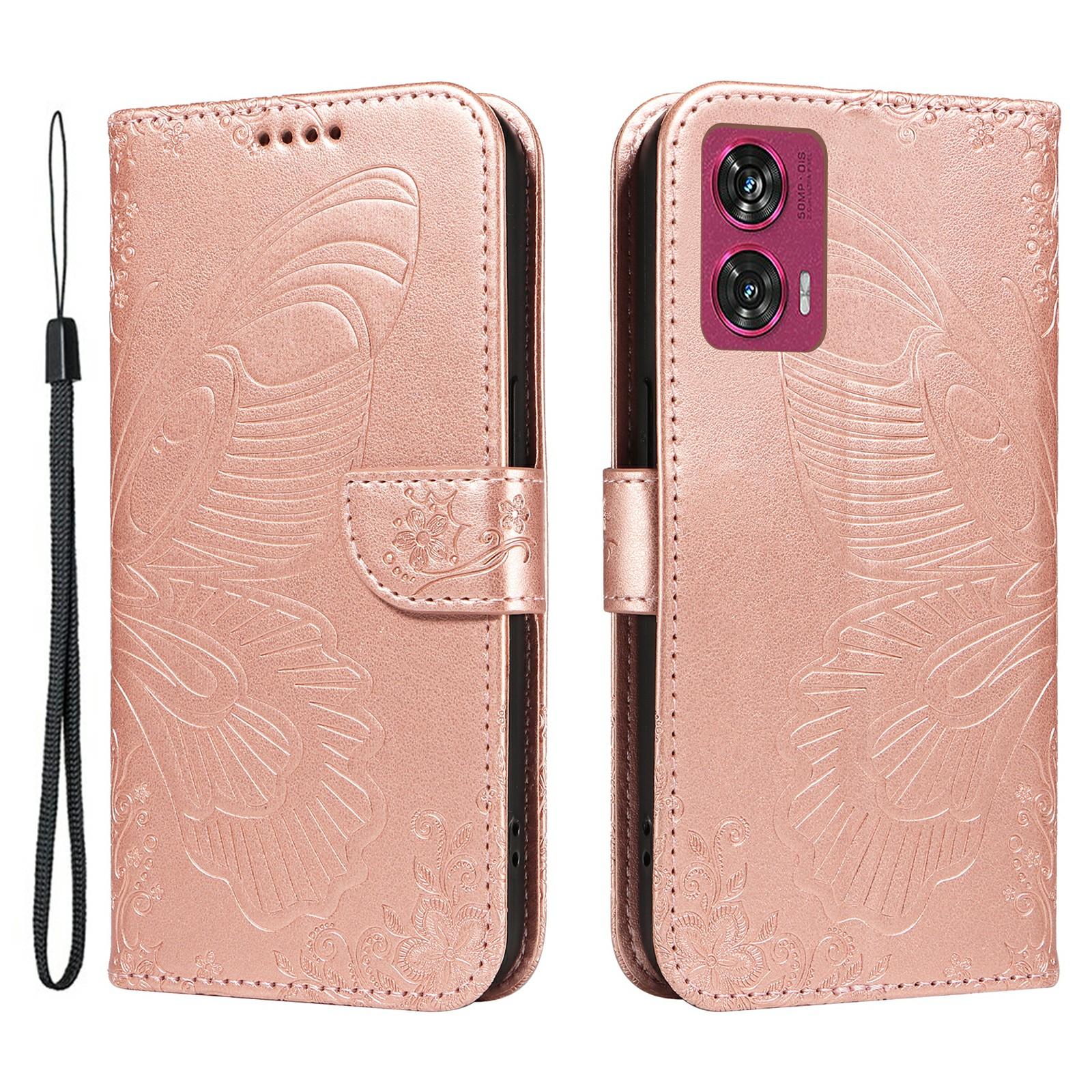 

For Motorola Edge 50 Fusion 5G Wallet Case PU Leather Folio Flip Butterfly Phone Cover Rose Gold
