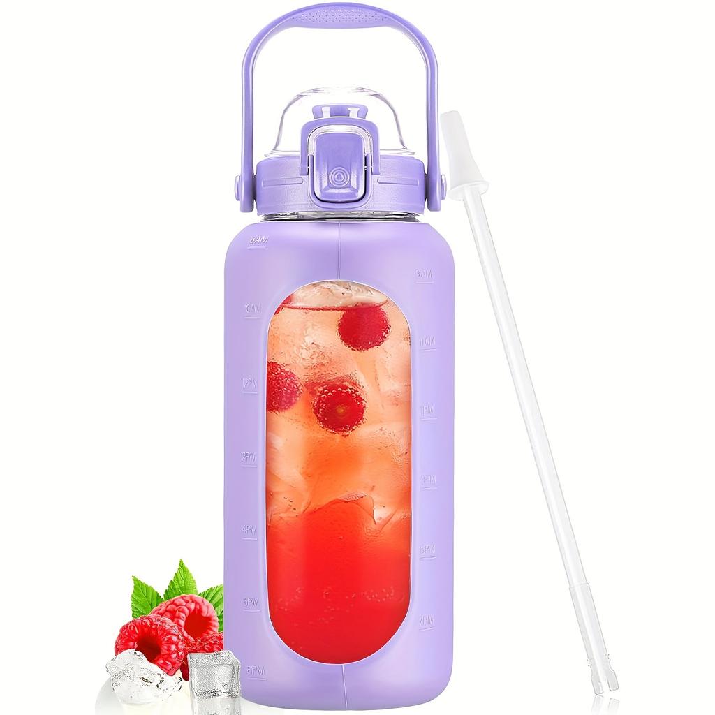 64oz Skleněné láhve na vodu se slámkou a víčkem Půlgalonová láhev na vodu s časovým značením Nepropustné skleněné láhve na vodu se silikonovým pouzdrem