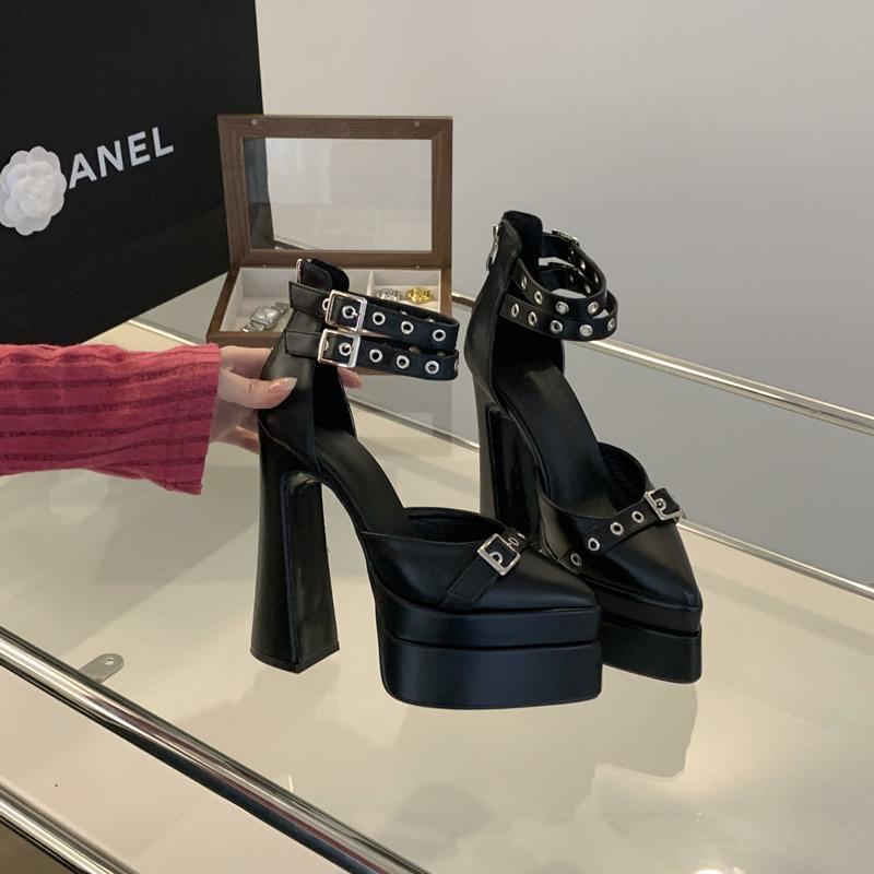 

Подиумный стиль 15см Ультравысокие каблуки Платформа Танкетки Женские туфли-лодочки Модные заклепки Ремешок на щиколотке Толстый каблук Весна Лето Массивная обувь 39 чёрный