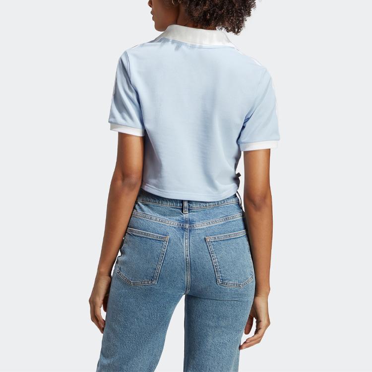 Adidas Ori Trefoil Cherry Blossom Ltd Floral Print Striped Crop Casual Polo Women Tops Light-Pink Blue IP3756