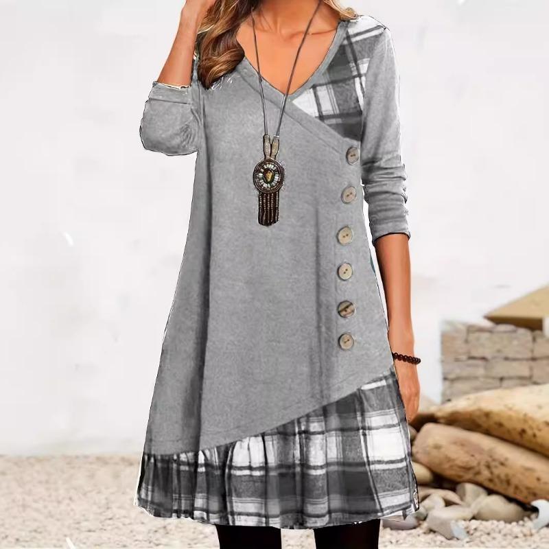 

Женское платье с длинным рукавом и V-образным вырезом, свободное, элегантное и удобное, женская длинная юбка в клетку, осень Z053 XXL серый