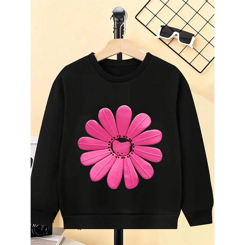 Kids Unisex Crewneck Sweatshirt, 3D Embossed Pink Daisy With Cute Cat Face Center Print Soft Fleece Pullover For Kids Over 4 Years Old