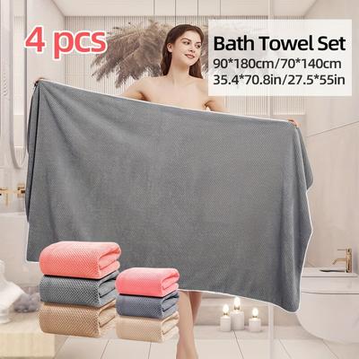 4 Pcs Soft Microfiber Coral Velvet Bath Towels - Solid Color Collection - Absorbent for Bath Time, Post-Fitness, Shower & Spa