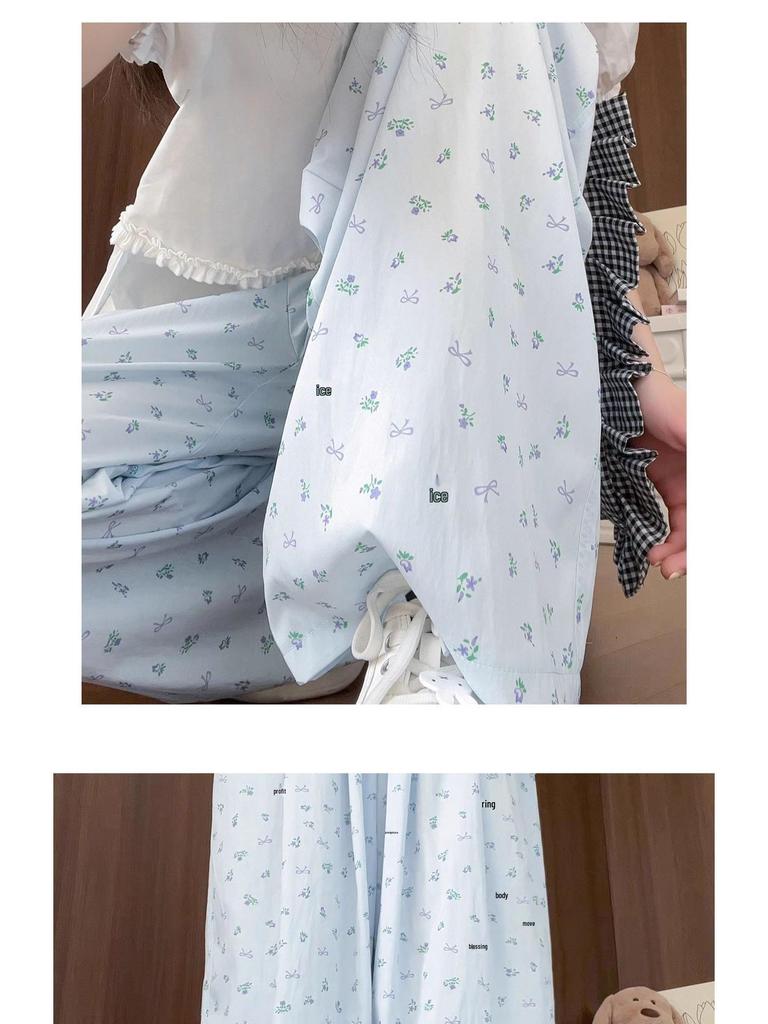 Women's Summer 2025 White Floral Ice Silk Wide-Leg Pants - Petite, Textured, and Drapey