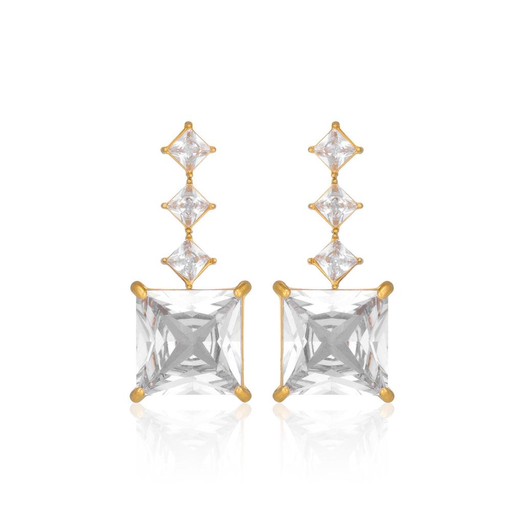 Korean Style Luxurious 18K Gold Stainless Steel Tassel Stud Earrings - Bling Square Sugar Pendant