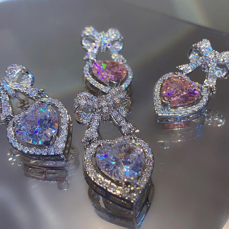 

Элегантные корейские серьги-подвески с бантиками из стразов для женщин, с кристаллами в форме сердца, модные вечерние серьги с цирконом в подарок