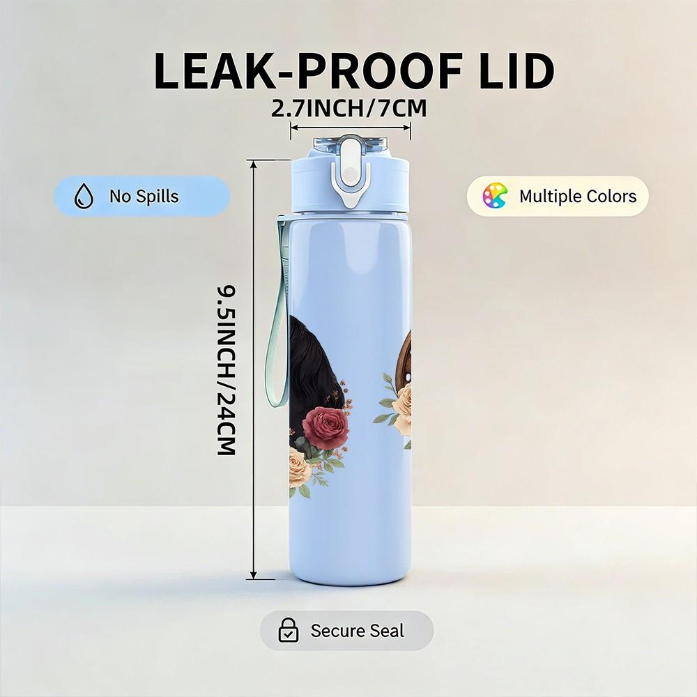 1PC Rose Horseshoe Wreath Pattern 750ml Color Plastic Sports Water Bottle Leakproof Flip Straw Lid Suitable for Sports Office Home Use