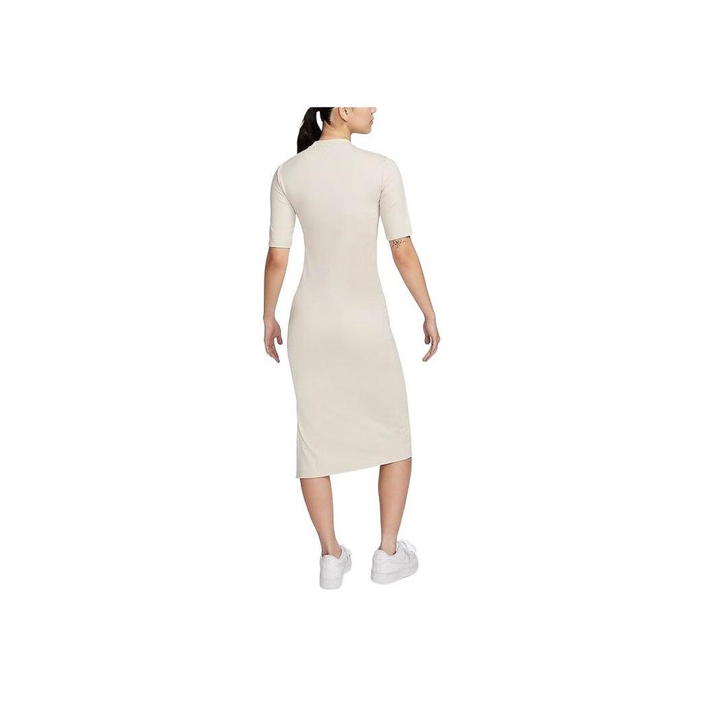 Nike NSW Essential Solid Color Side Slit Midi Round Neck Short Sleeve Dress Women Dress Khaki DV7879-104
