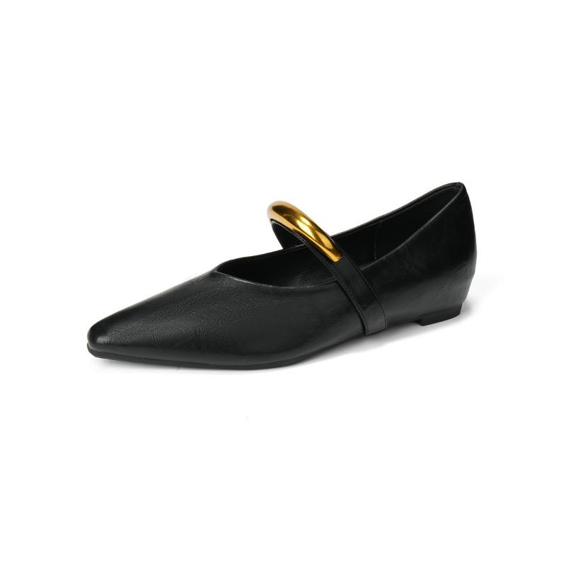 Retro Pointed-toe Single-toe Women's Flat, Shallow-mouthed Height-increasing Metal Buckle Shoes