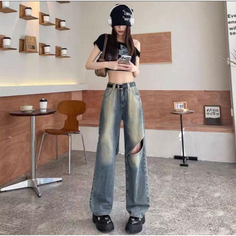 Foreign Trade European and American Single Women Fashion Ripped Jeans New Knee Hollow Design Printing and Dyeing Color Loose Harem Pants