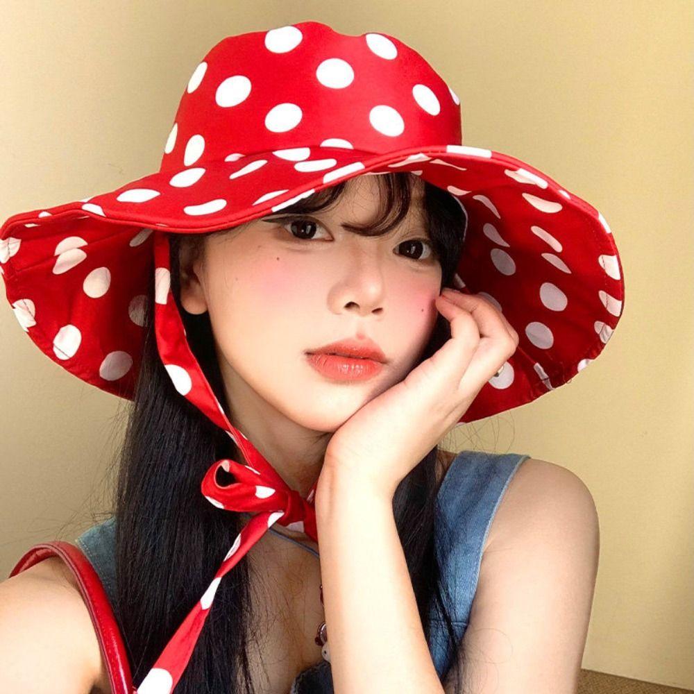Polka Dot Ribbon Summer Sun Hat Lace Bucket Hat Fashion Sunshade Hat  Girl