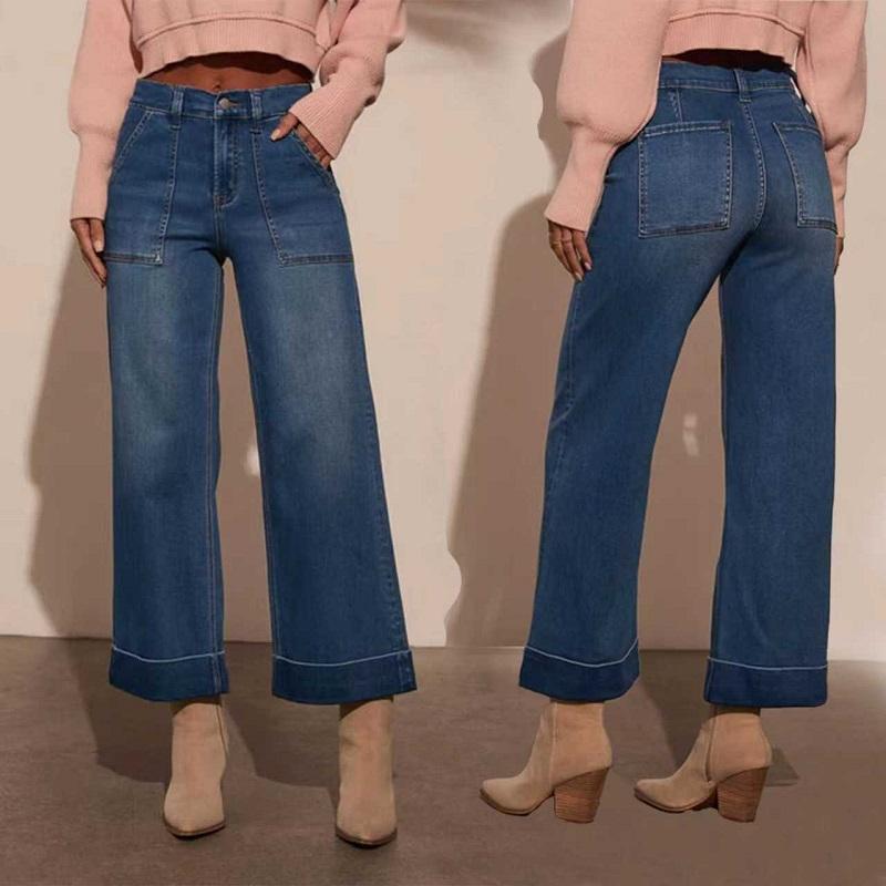 Women High Waist Denim Jeans Rdetro Washed Stretch Baggy Jeans Ladies Straight Pants
