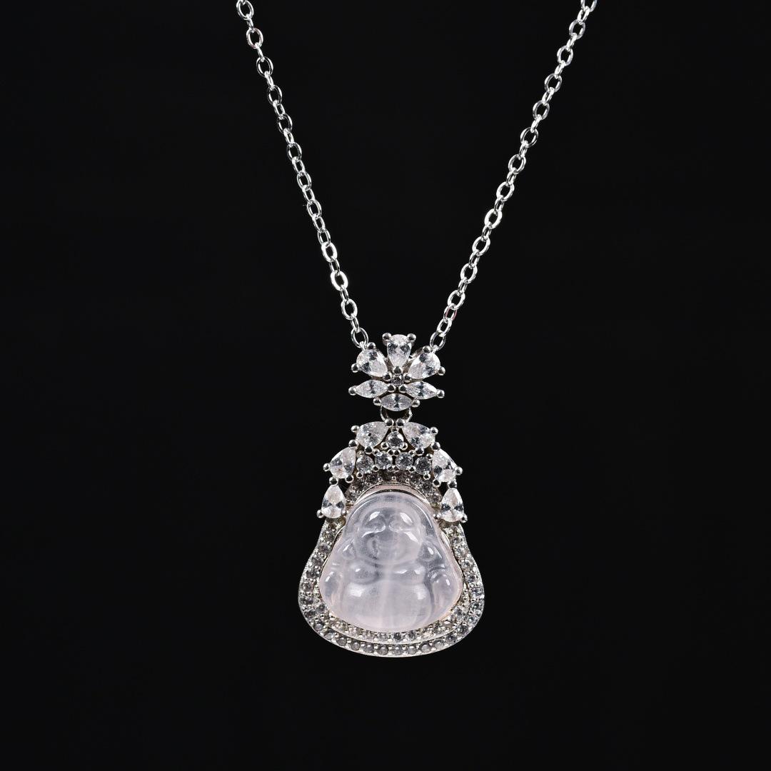 S925 Sterling Silver Rose Quartz Buddha Pendant Necklace - Chinese Style, Light Luxury, High-End Clavicle Chain X145 925 Silver