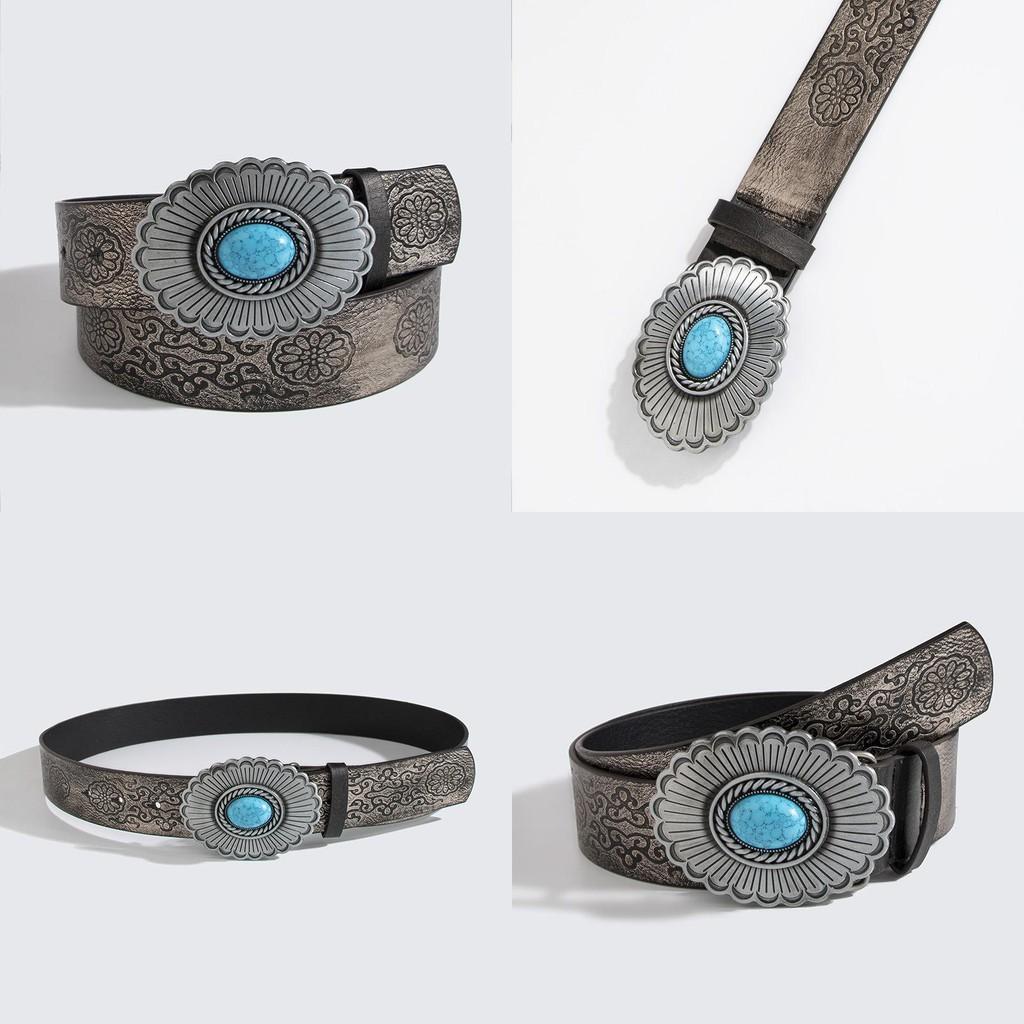 Punk Style Embossed Leather Belt With Large Gemstone Flower For Streetwear