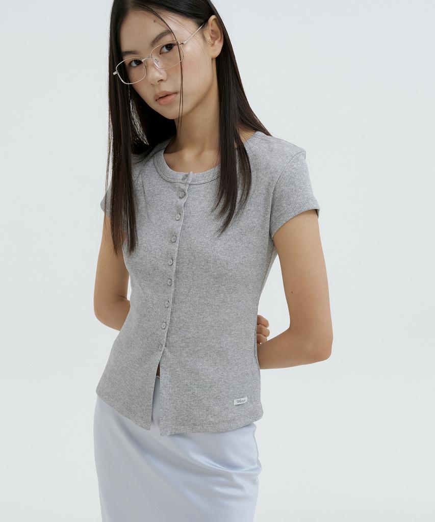 LUCIR ZU Henley Button-Up Sleeve Top (Melange Gray)