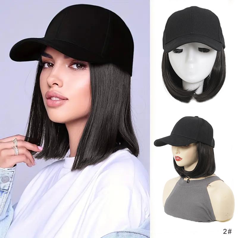 Hut Perücken Kurze Gerade Bob Frisur Perücke mit Basecap für Damen Synthetische Hitzebeständige Haar Perücken mit Verstellbarem Hut