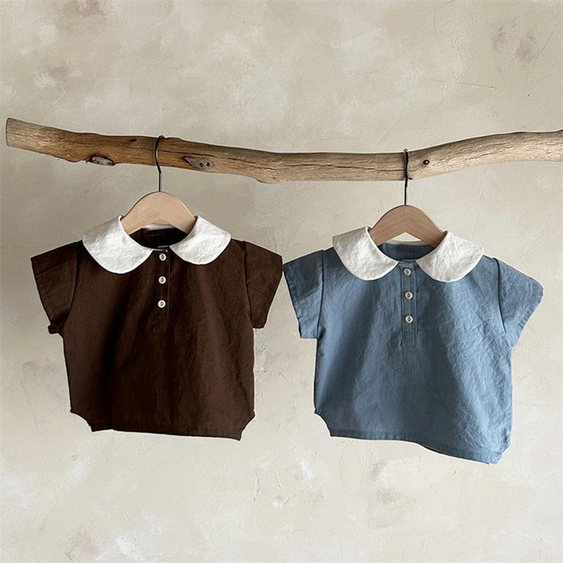 Korean-Style Summer Fashion Cotton Short-Sleeve Lapel Shorts Two-Piece Suit for Boys and Girls