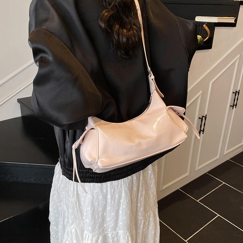 Spice Girl Bow Double Pocket Underarm Bag Glossy Oil Wax Leather Trend Locomotive Bag Shoulder Bag