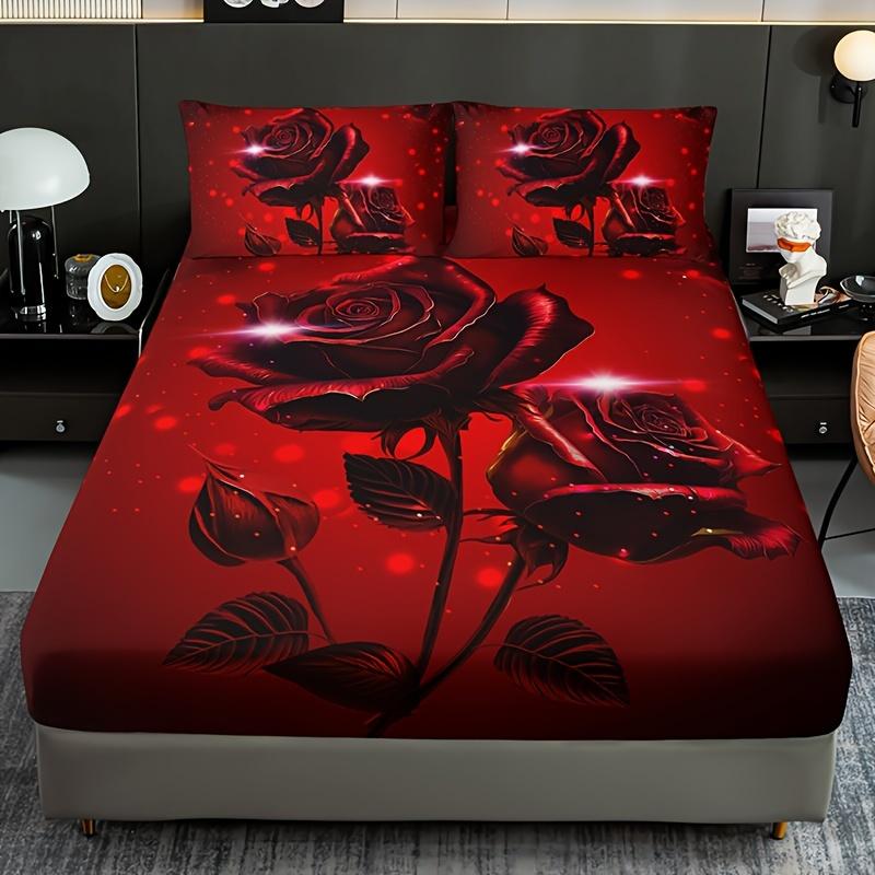 1pc Fitted Sheet Romantic Red Rose Printed 100% Polyester Breathable Bedding Set for Home Bedroom Decor Without Pillowcase