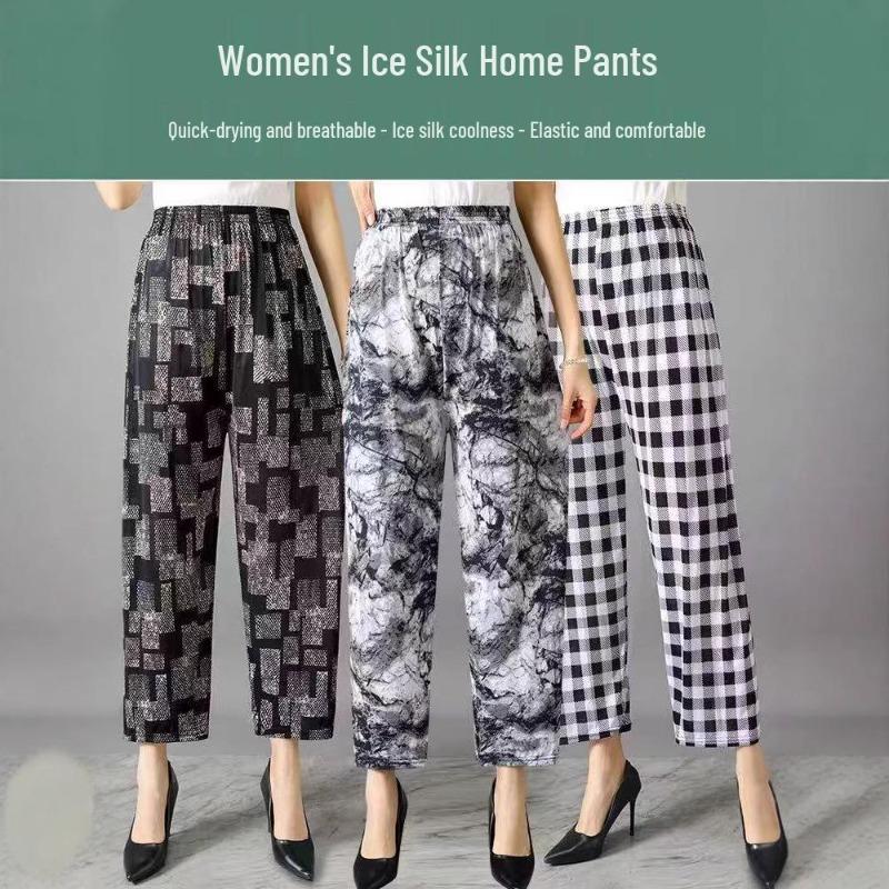 Pantaloni Casual Estivi da Donna Taglia Forte in Seta Ghiaccio Elasticizzata - Larghi, Vita Alta Elastica per Mezza Età e Anziani