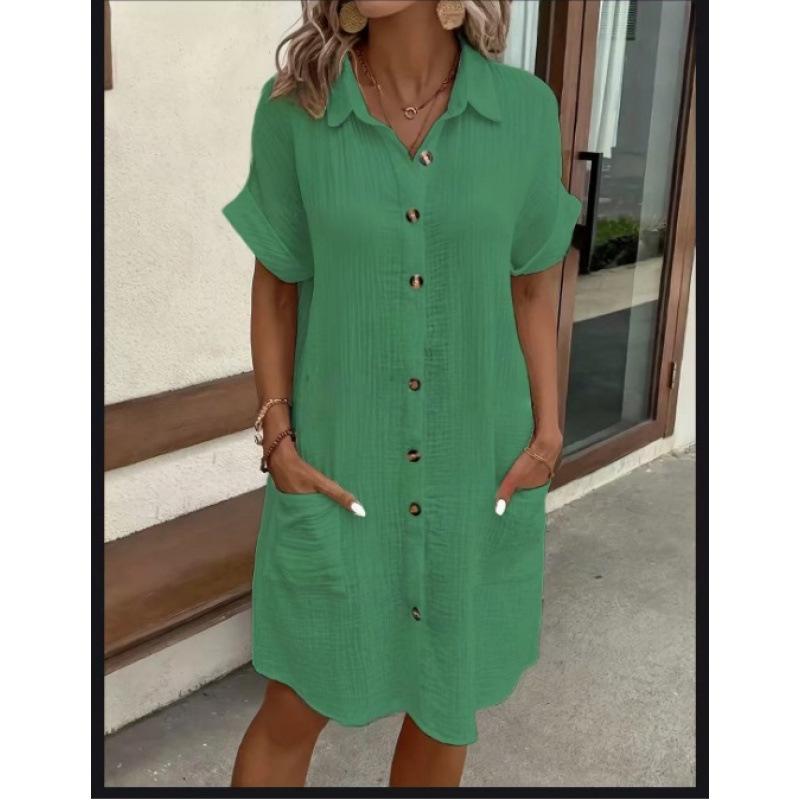Casual Solid Color Single-breasted Mid-length Short Sleeve Loose Casual Dress Women's Wear