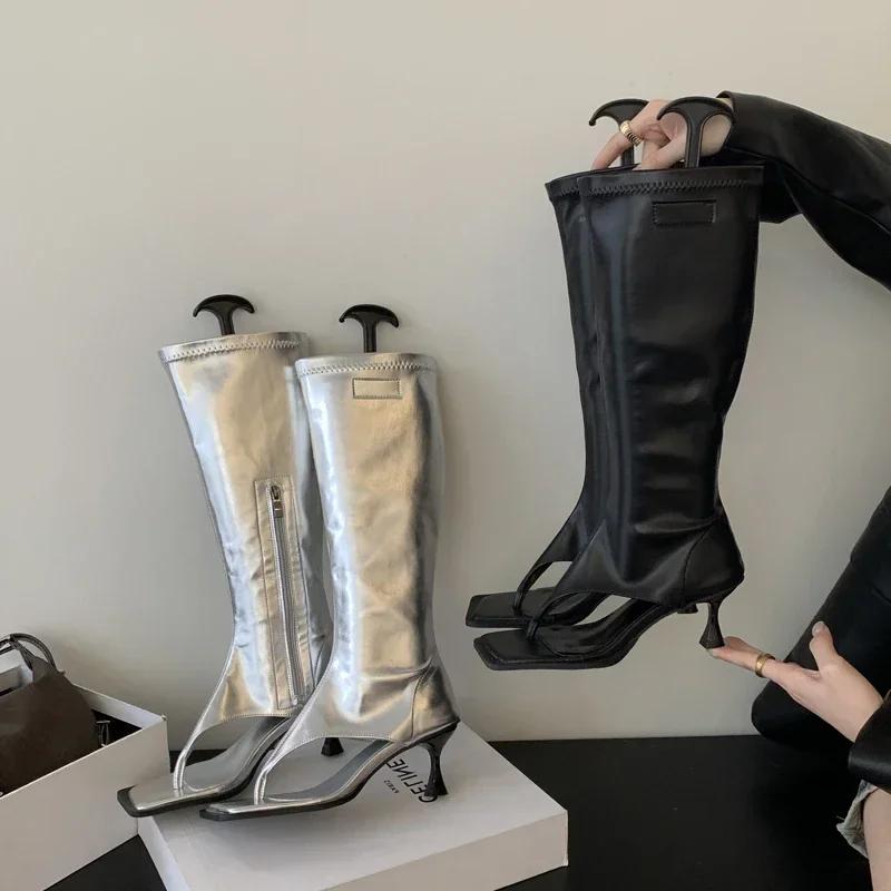 Fashion Silver Open Toe Clip-On Knee High Boots Women Modern Booties Thin Low Heels Side Zipper Spring  Party Pumps Sandals Shoe