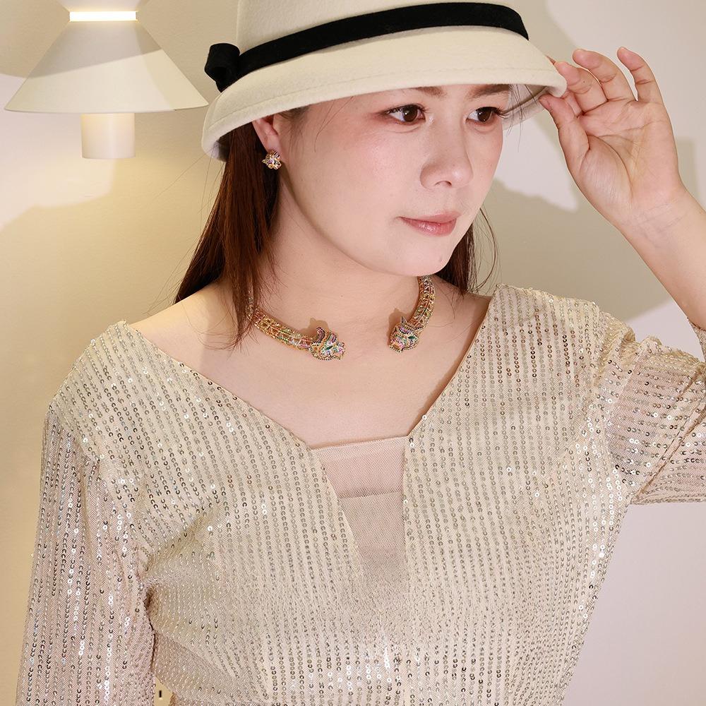 European and American Exaggerated Color Zircon Leopard Head Necklace Earrings Set Luxury Retro Court Style Full of Diamond Jewelry Accessories