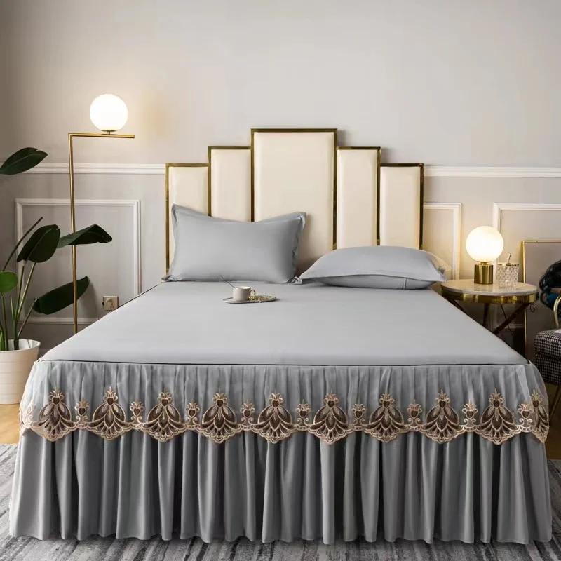 3pcs Set Raw Cotton Bed Romance Dust Protector Cover Soft Bedspread Embroidery Lace Edge Bed Skirt with 2pcs Pillowcase