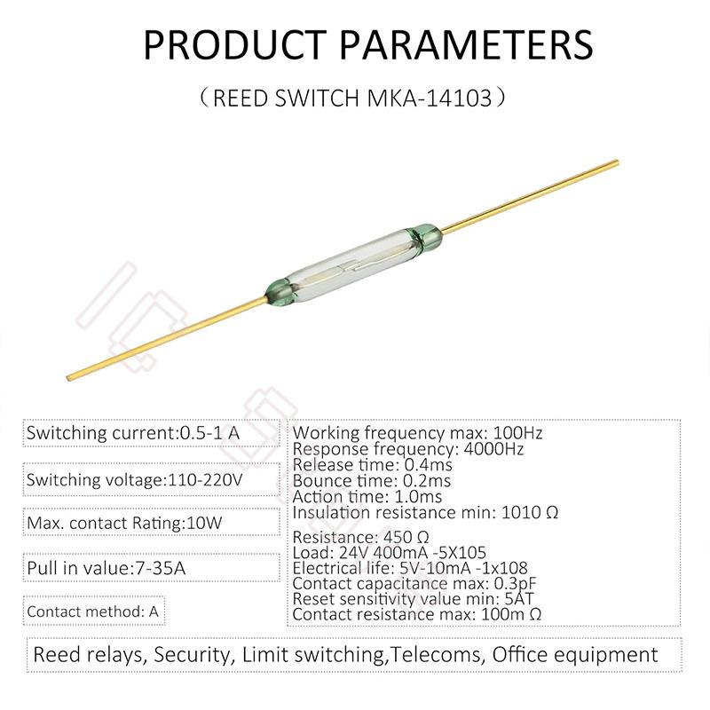 100PCS MKA-14103 Reed Switch 2x14mm 2*14mm Normally Open Magnetic Induction Switch Glass Tube Reed Contact SPST-NO 0.5A 100V