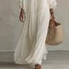 Dámské Boho Maxi Šaty s Krajkovým Detalem a Výstřihem do V, Zvonové Rukávy, Jednobarevné, Ležérní, Volný Střih, Letní Šaty