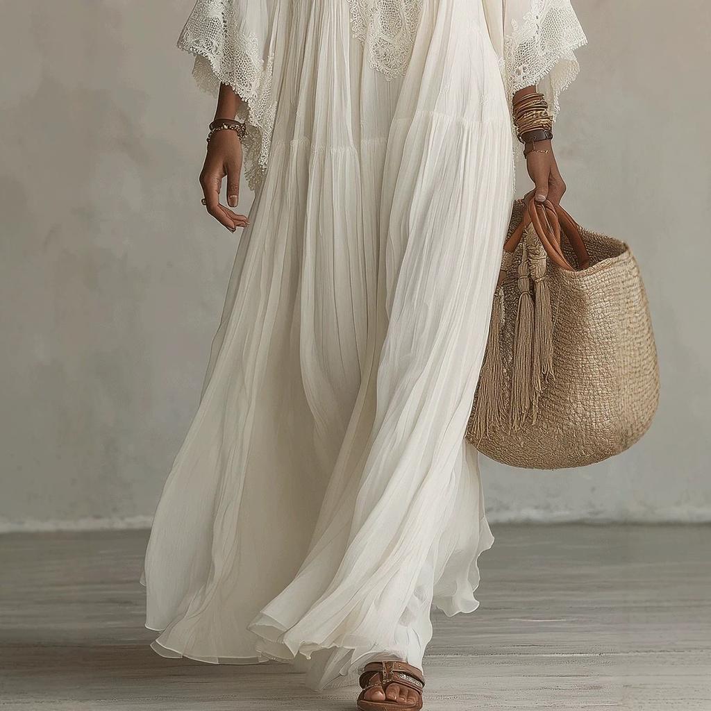 Dámské Boho Maxi Šaty s Krajkovým Detalem a Výstřihem do V, Zvonové Rukávy, Jednobarevné, Ležérní, Volný Střih, Letní Šaty