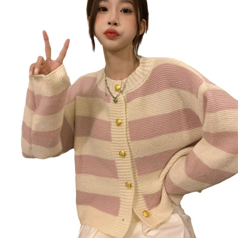 Spring Autumn Winter Women's Lazy-Style Sweet Striped Cardigan Knit Sweater Coat: Loose Versatile Outerwear