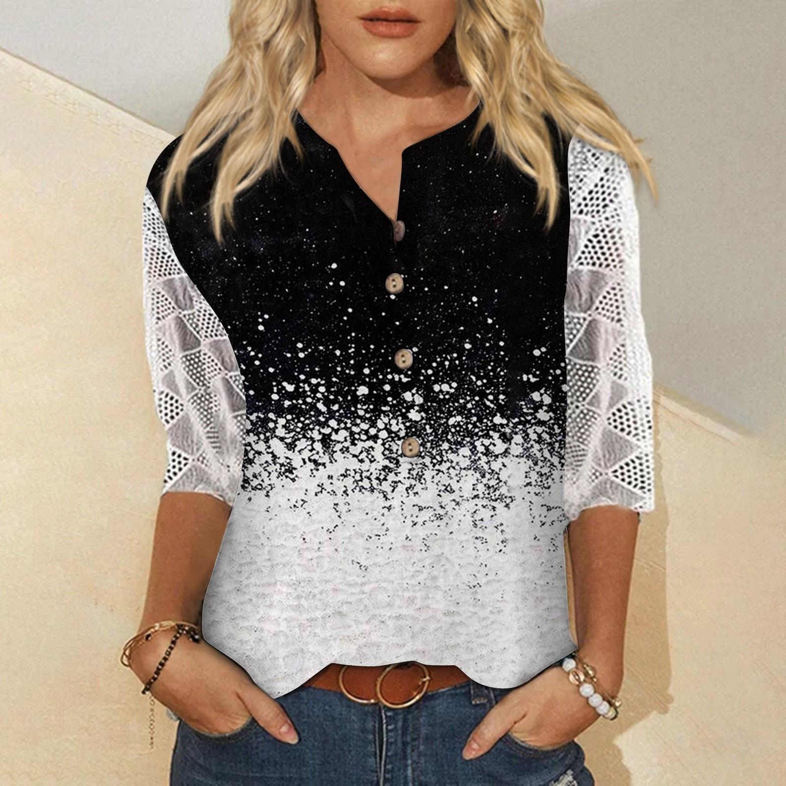 

Women V Neck 3/4 Sleeve Shirts Print Lace Casual Blouse Loose Work Tunic Tops XXXL чёрный