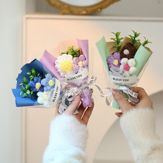 Crochet Flower Bouquet Handmade Knitted Mini Artificial Bouquet Fake Puff Flower Gift for Mother Wife On Birthday Anniversary