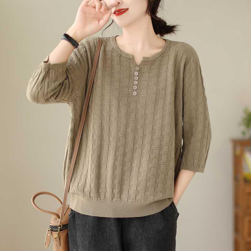 Women's Autumn Winter New Pullover Knitwear Loose Soft Breathable Solid Color Casual Versatile 3/4 Sleeve Base Layer Top